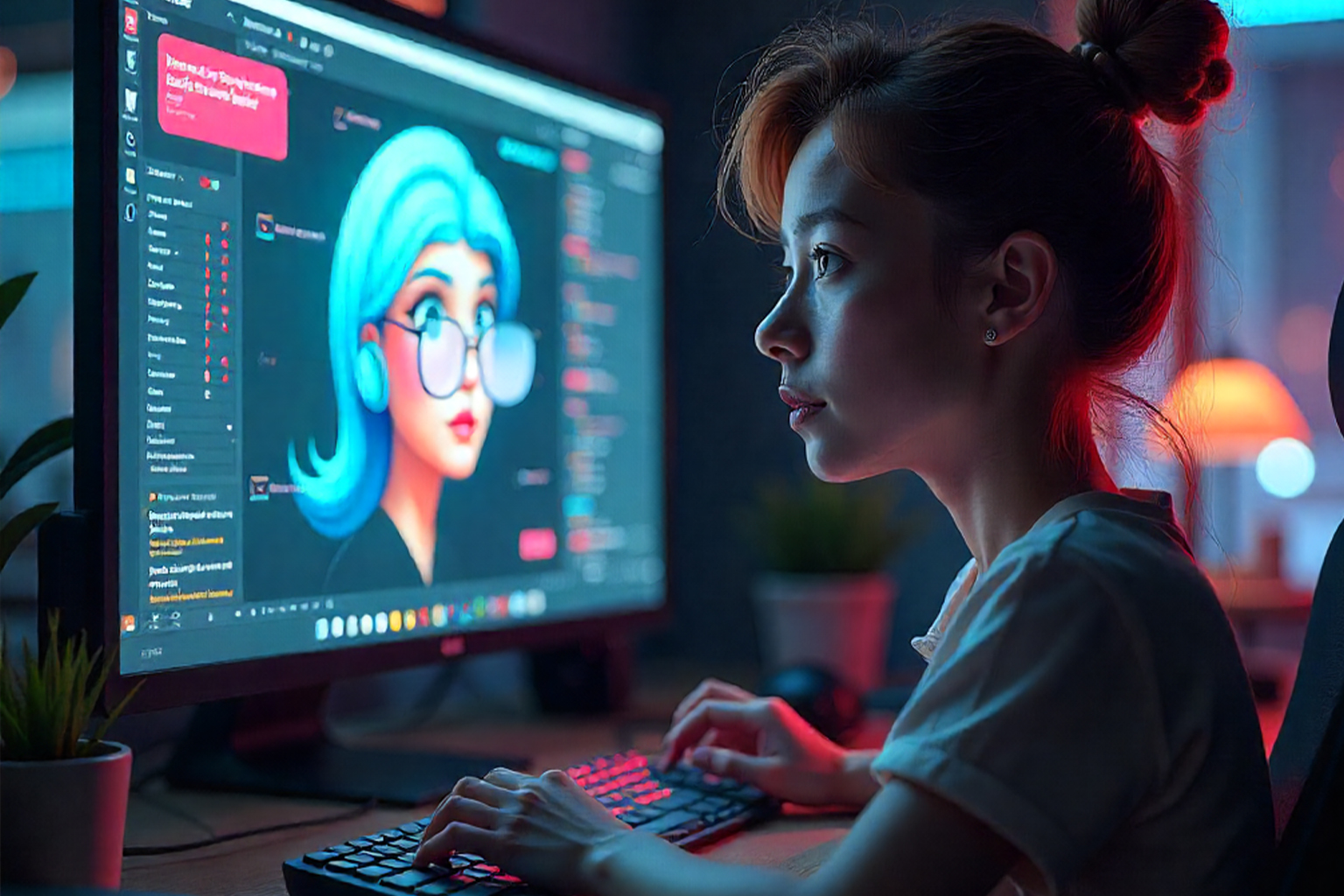 a woman providing 3d animation services and is currently 3d modelling a character.