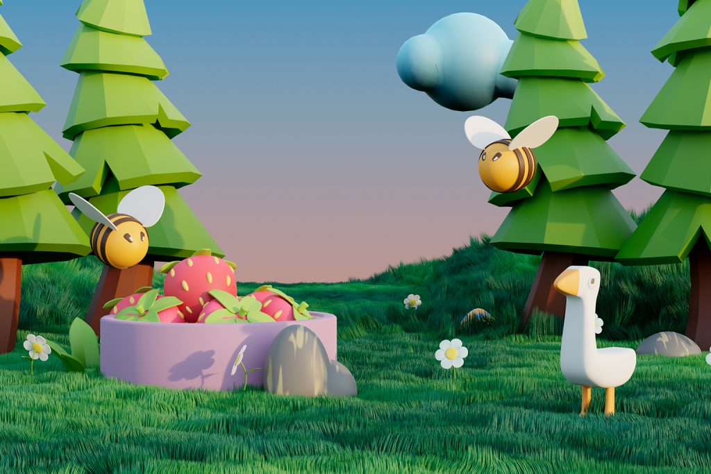 3d environment animation, bees and goose