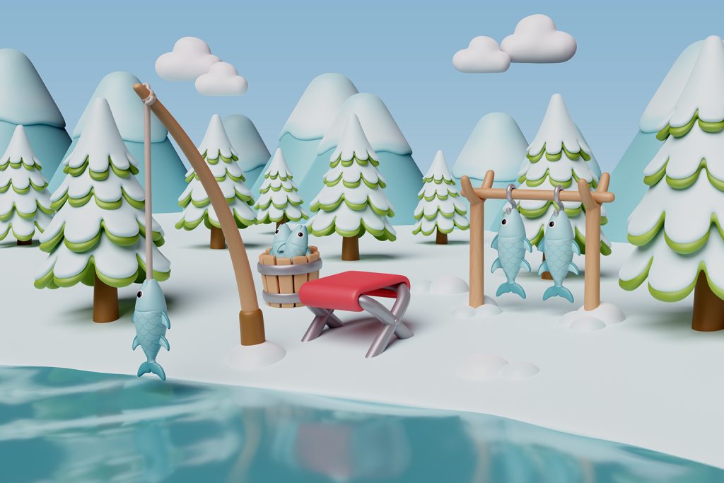 3d environment animation, arctic fish fishing by the pier