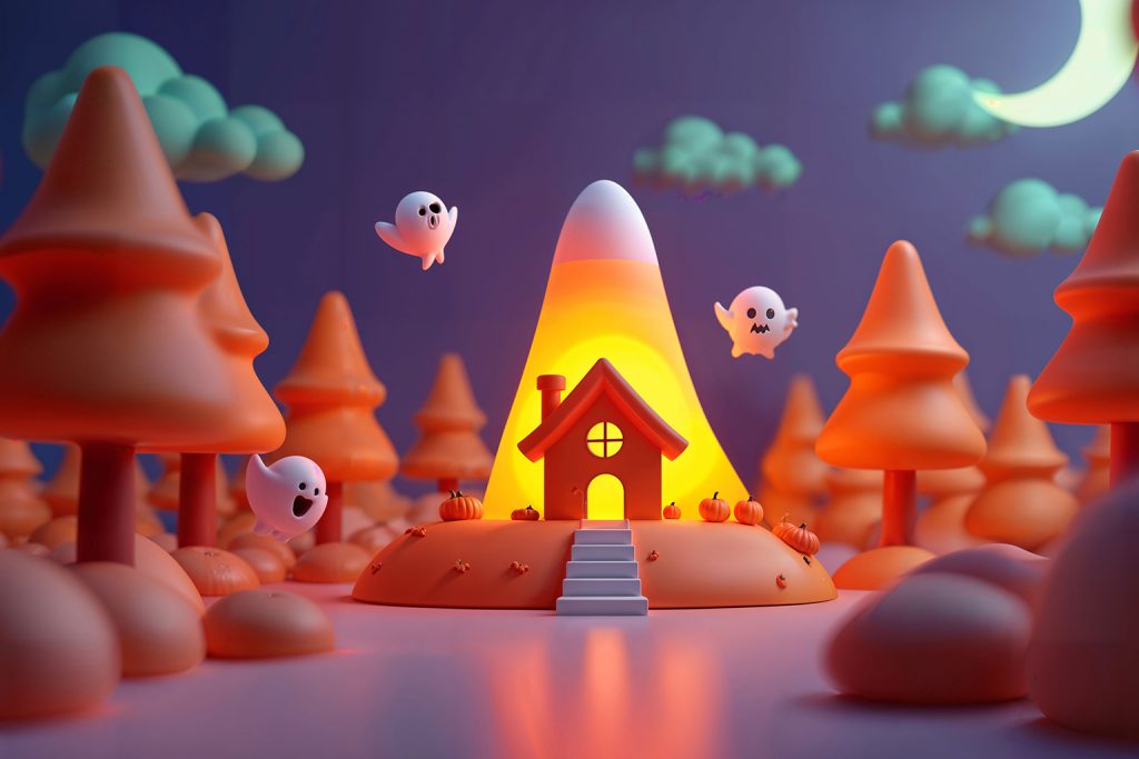 3d animation of a house in halloween in the forests with ghosts all around from a 3d animation studio