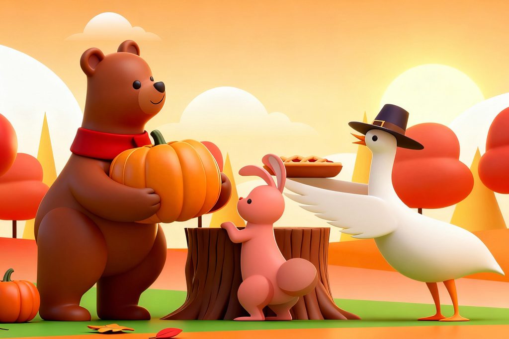 3d animation of bear, bunny, and bird on thanksgiving in the forest from a 3d animation studio