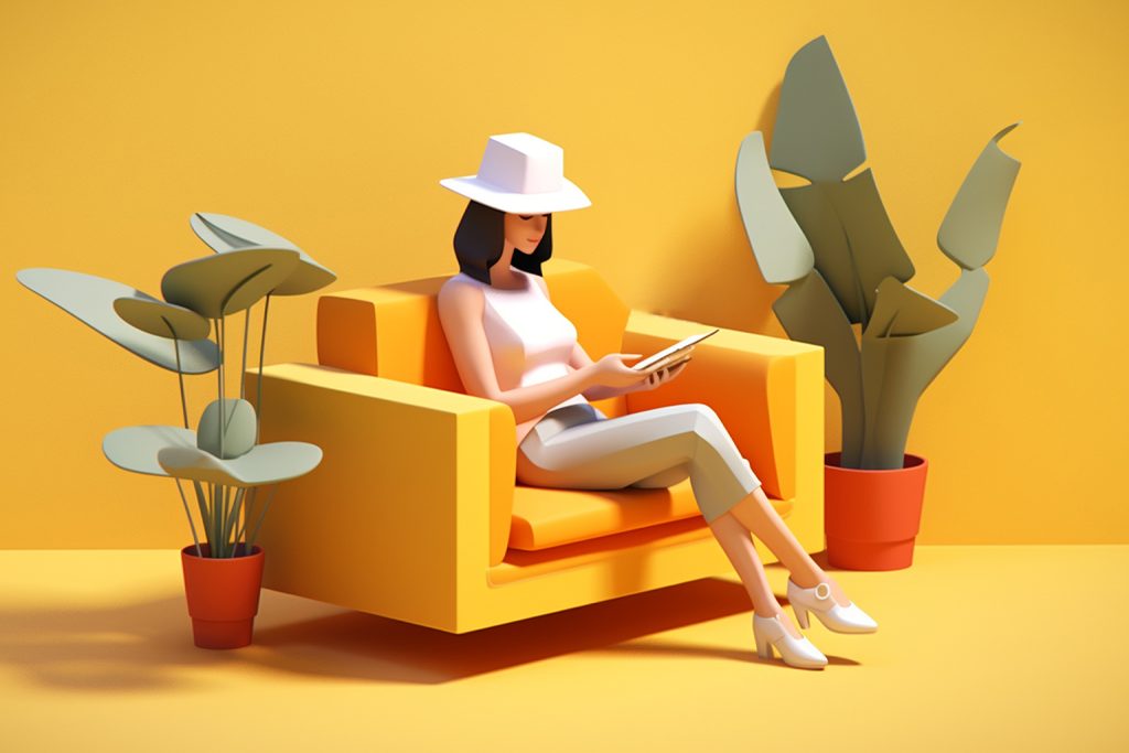 3d model render of a woman sitting on a sofa with plants